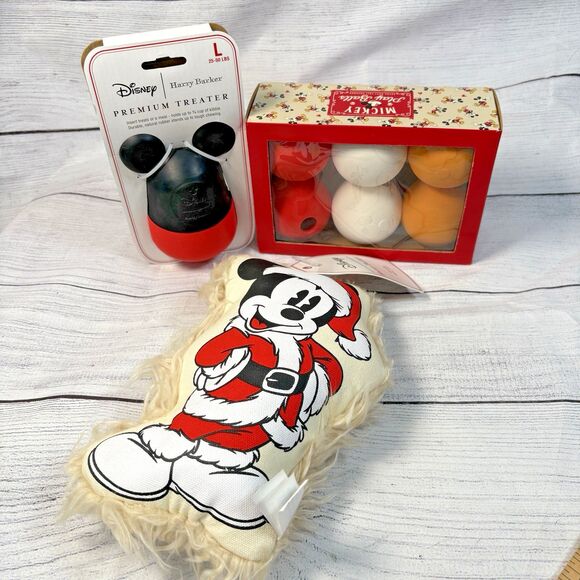 Harry Barker Disney Mickey Mouse Dog Toys Set 3 Squeaky Plush Santa Balls Treat - Picture 1 of 8